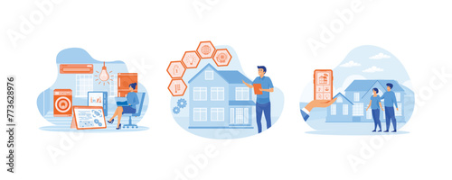 Internet connecting apartment building concept isolated on white. Home with cognitive intelligence. Smart home app with control system. Set flat vector modern illustration