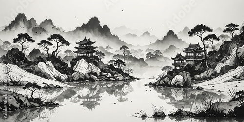 Ancient asian landscape ink drawing