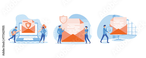 Protecting computer data, Email encryption concept. Secure, encrypted messages, emails. Internet data protection, business assets security system. Set flat vector modern illustration