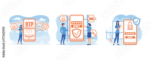 OTP one-time password for secure transaction on digital payment transaction. Mobile app on smartphone screen. One time password verification smartphone screen. Set flat vector modern illustration