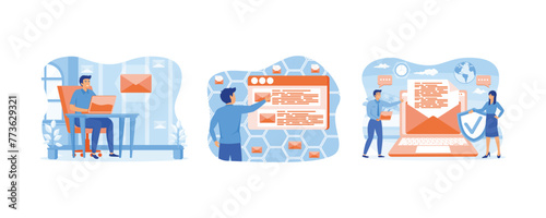 Mail service concept. Man on browser screen checking mailbox online. Mail service, e-mail message, mail notification sending. Set flat vector modern illustration