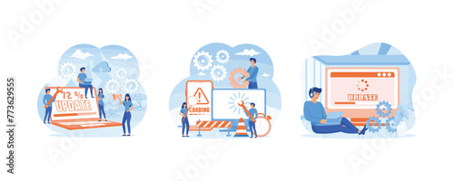 System updates with people updating operation in computing and installation programs. Technical error and service. System update concept. Set flat vector modern illustration