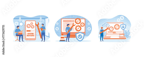 System maintenance concept. Update program and application, technology. Update program application, engineer, error, fixing a trouble, device updating. Set flat vector modern illustration