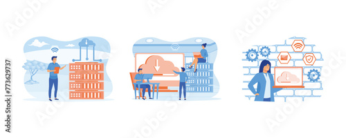 Web hosting concept. Concept of cloud computing, online database, technology. Concept online database, technology, security, computer, web data center, server. Set flat vector modern illustration