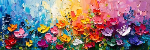 "Closeup of Abstract Rough Colorful Multicolored Organic Floral Spring Flowers Art Painting Texture - Oil Acrylic Brushstroke, Palette Knife Paint on Canvas Wallpaper"