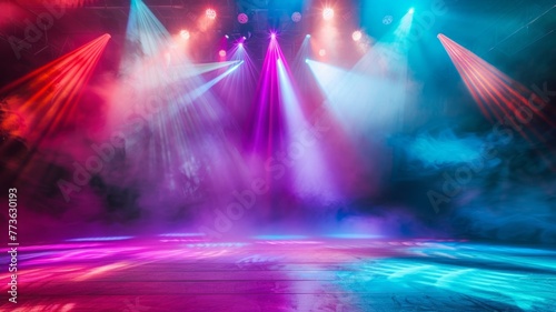 Vibrant concert stage with lights - A dynamic image of an empty concert stage lit with colorful lights and smoke adding to the lively atmosphere