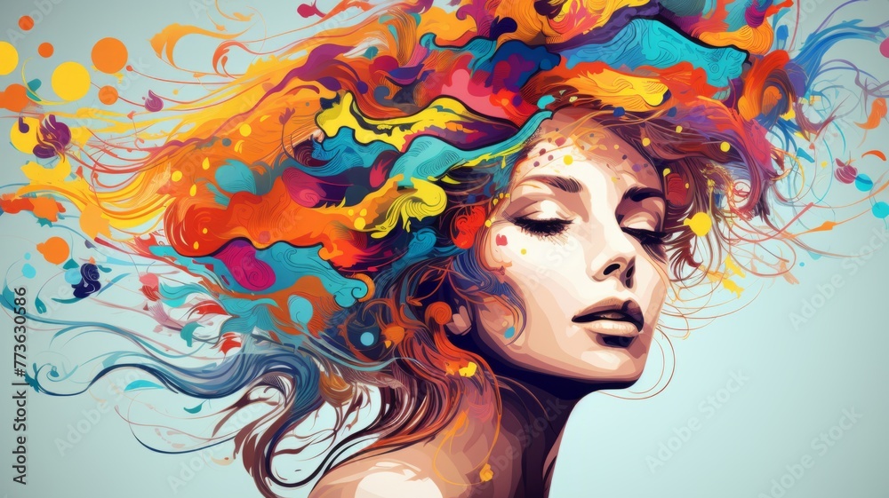 Vibrant Artistic Portrait of Woman - A digital art image of a woman with colorful, flowing hair.