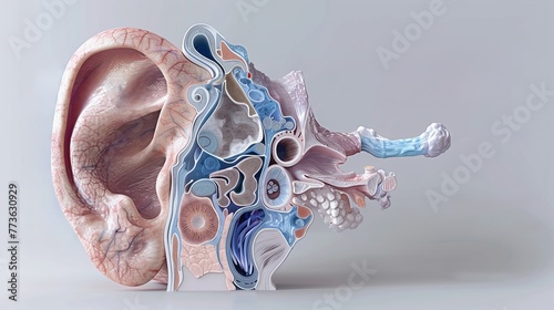Detailed depiction of the outer, middle, and inner ear structures with labels for each par