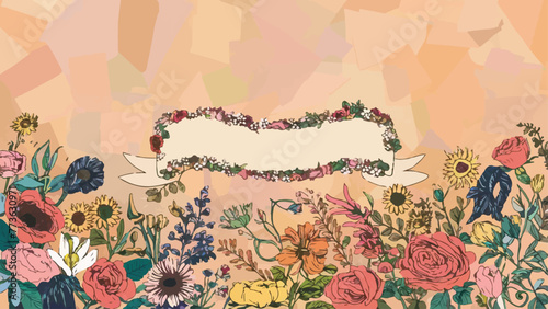 Pastel Yellow Peach Background with Floral Vector Border