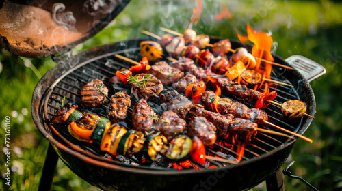 A grill is lit with a variety of meats and vegetables on it. The grill is hot and the food is cooking