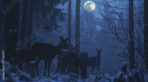 Amidst a forest filled with soft moonlight a group of deer graze peacefully undisturbed by the tranquility of their surroundings. . . © Justlight