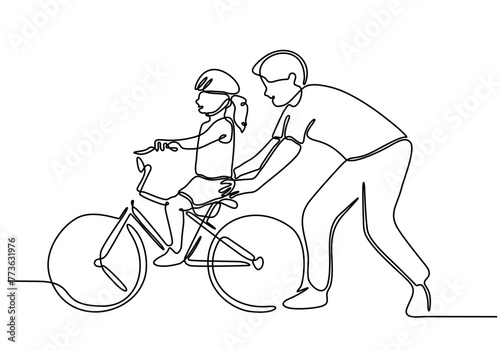 one line drawing of father helping child to drive bicycle