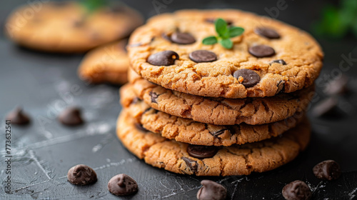A stack of chocolate chip cookies with a green leaf on top. The cookies are piled on top of each other and there are chocolate chips scattered around them