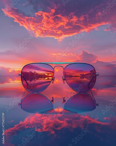 Illustrated aviator sunglasses against a surreal sunset © Pairat