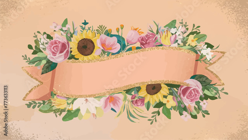 Pastel Yellow Peach Background with Floral Vector Border