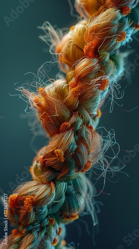 Create a detailed 3D illustration of hair anatomy on a DNA strand, showcasing the intricate connection between genetics and physical characteristics