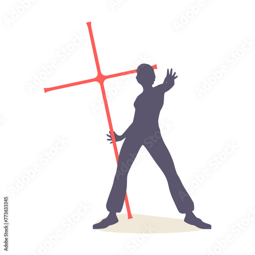 A young catholic female exorcist holds a cross behind of her. the Concept of driving out the devil and evil spirits