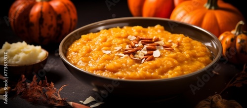 A bowl filled with delicious pumpkin and rice pudding topped with crunchy nuts placed on a wooden table