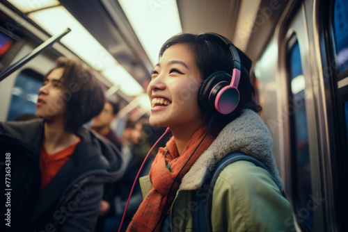 Smiling young person listening to music song singer rock band in headphones earphones, choosing sound track on cellphone isolated in Train Subway tube background.