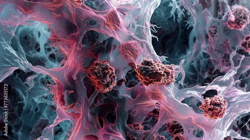A microscopic view of a cancerous tissue section with dark tangled masses of cells surrounded by healthy tissue.
