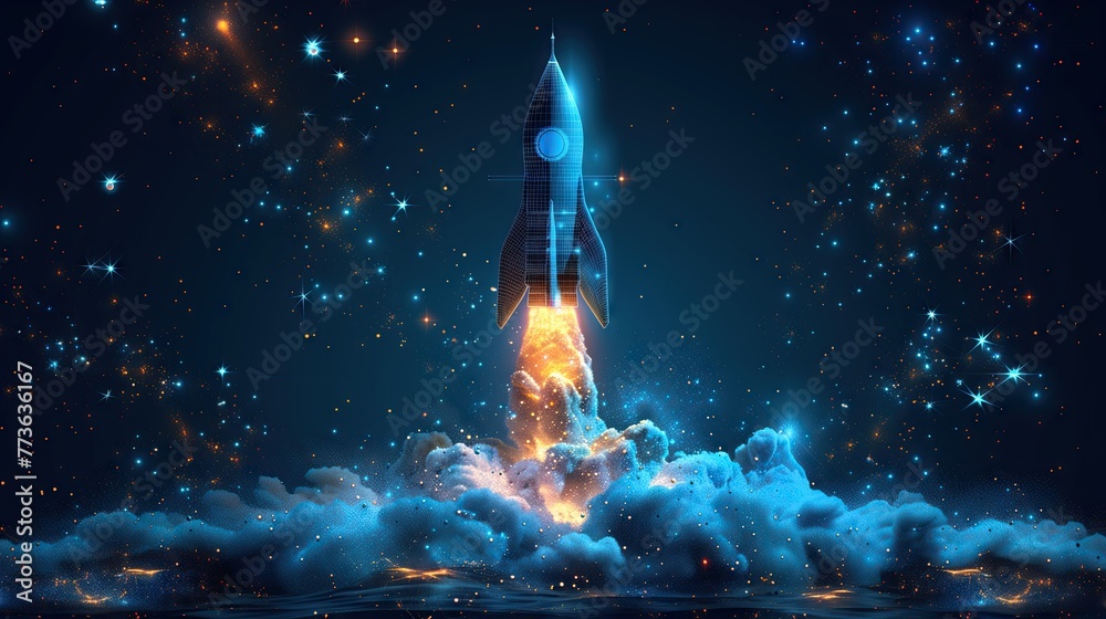 Abstract image. Launching a rocket into space. Glowing connected dot and line model Ideas for promotion and rapid growth of business Illustration of a low poly wireframe. - obrazy, fototapety, plakaty 