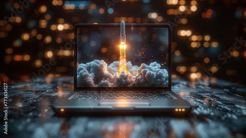 Abstract image. Launch of rocket into space on laptop. Glowing connected dots and lines model. Ideas for promotion and rapid growth of business Illustration of a low poly wireframe.