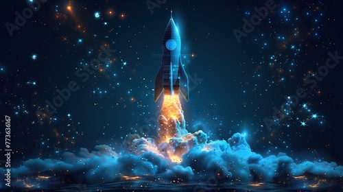 Abstract image. Launching a rocket into space. Glowing connected dot and line model Ideas for promotion and rapid growth of business Illustration of a low poly wireframe. photo