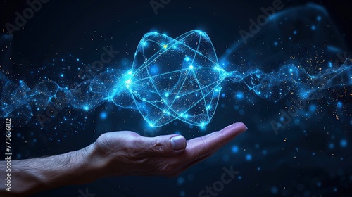 Abstract image. Scientist holding a holographic model of a nuclear atom. Science technology concept. Digital color. Molecules icon on blue background.