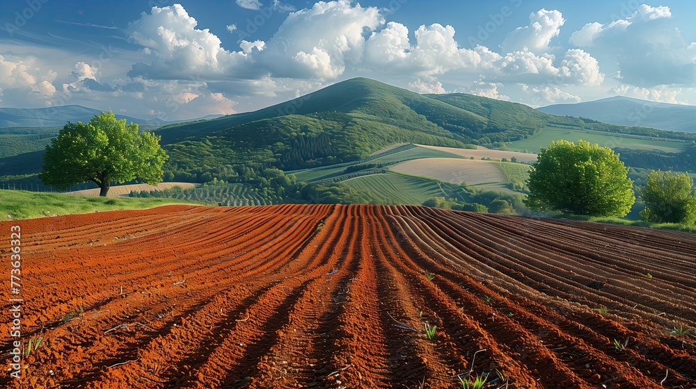 Beautiful countryside landscape in spring with plowed fields. For preparing soil for planting - obrazy, fototapety, plakaty 