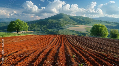 Beautiful countryside landscape in spring with plowed fields. For preparing soil for planting