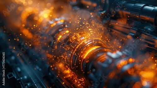 Car Engine, Engine pistons, valves and crankshaft, Piston ignition timing. engine with explosions and sparks inside.