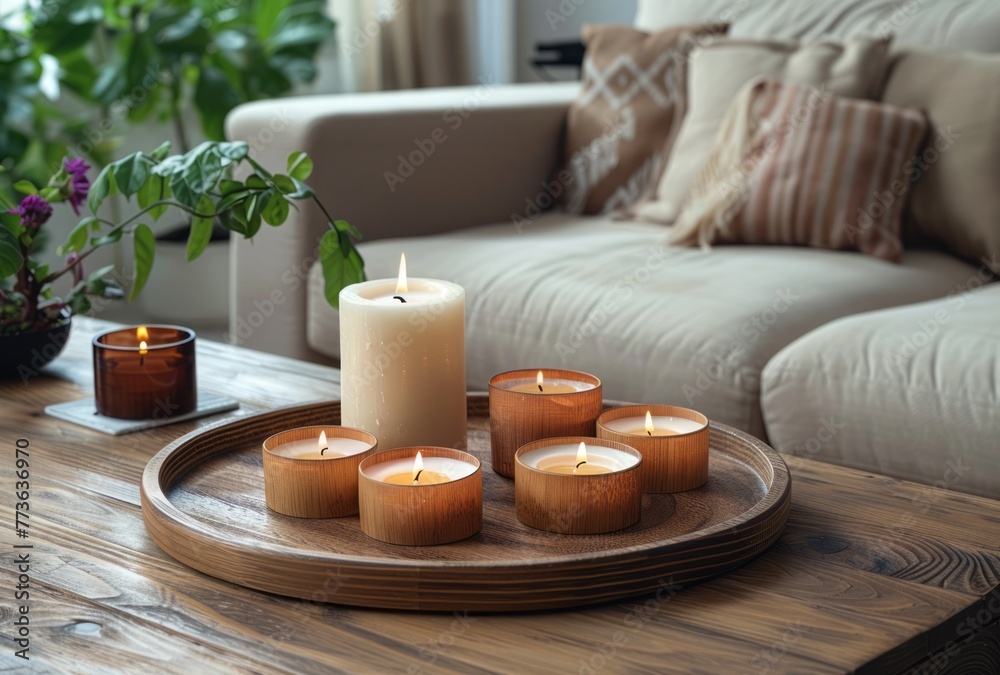 A photo of coffee table with round wooden tray and candles on it. Scandinavian interior design cozy home decor.