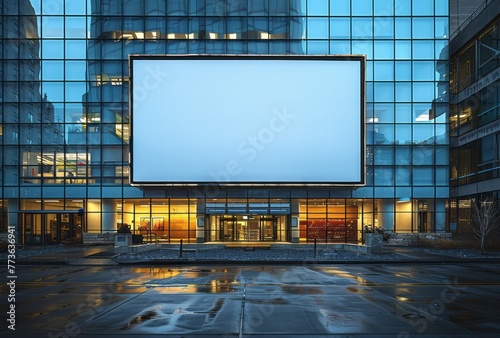 A photo of A blank white horizontal billboard on the side of an office building modern architecture clean and minimalist design. Large format frame with a square aspect ratio