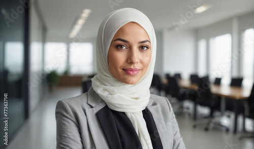 Portrait of a young professional woman in a hijab at work. Beautiful, smiling woman wearing a hijab in a bright office. Modern Muslim woman, portrait in a workplace. Diversity.