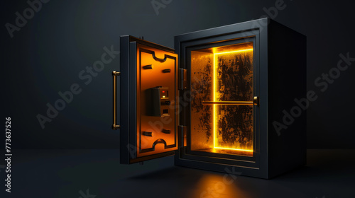 Black bank safe with open steel door and golden light inside, perspective view. Metal rectangular box for money storage in empty dark room