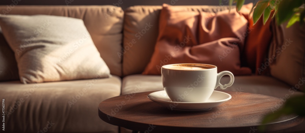 The steaming cup of coffee is placed on a small ceramic saucer resting on a wooden table