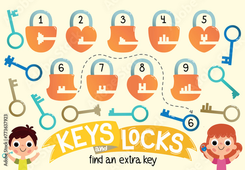 Educational game for preschoolers. Find and match extra keys with locks. Choose and connect correct silhouette. Task for developing children mindfulness and attention. Cartoon flat vector illustration