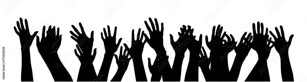 Several hand raising, protest concept, togetherness idea silhouette, People or students with their hands raised