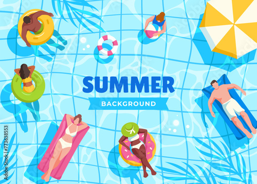 Bright summer background. Banner with happy people in swimsuits relaxing and swimming in pool. Men and women enjoying pool party. Poster with space for text. Cartoon flat vector illustration