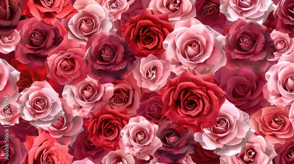 Seamless Pattern of Blooming Roses in Shades of Pink and Red Seamless Pattern of Blooming Roses in Shades of Pink and Red