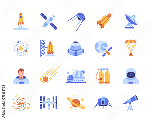 Set of color space related icons. Bright signs with rocket, space station, comet, astronaut, solar system, planet, galaxy. Design for app. Cartoon flat vector collection isolated on white background