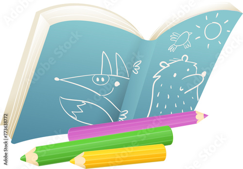 Colorful doodle clipart for kids drawing in notebooks with pencils. Fun and childish vector illustrations for back to school projects. Vector clipart illustration in watercolor style. © Popmarleo