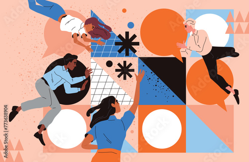 People work together. Office employees or colleagues set up geometric shapes. Teamwork, collaboration and partnership. Entrepreneurs communicate and cooperate. Cartoon flat vector illustration