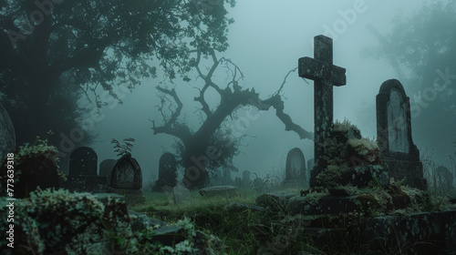 A misty graveyard with weathered headstones and twisted gnarled trees shrouded in mystery and secrets. . .