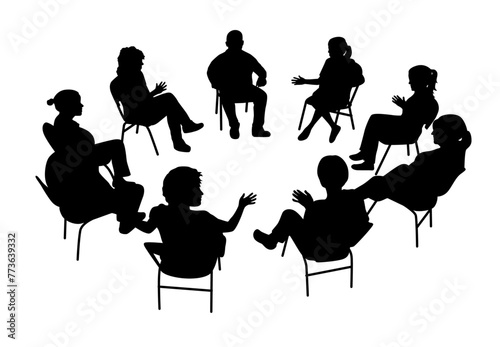 People sat in a circle discussing with each other, business people sitting on conference or other meeting silhouette