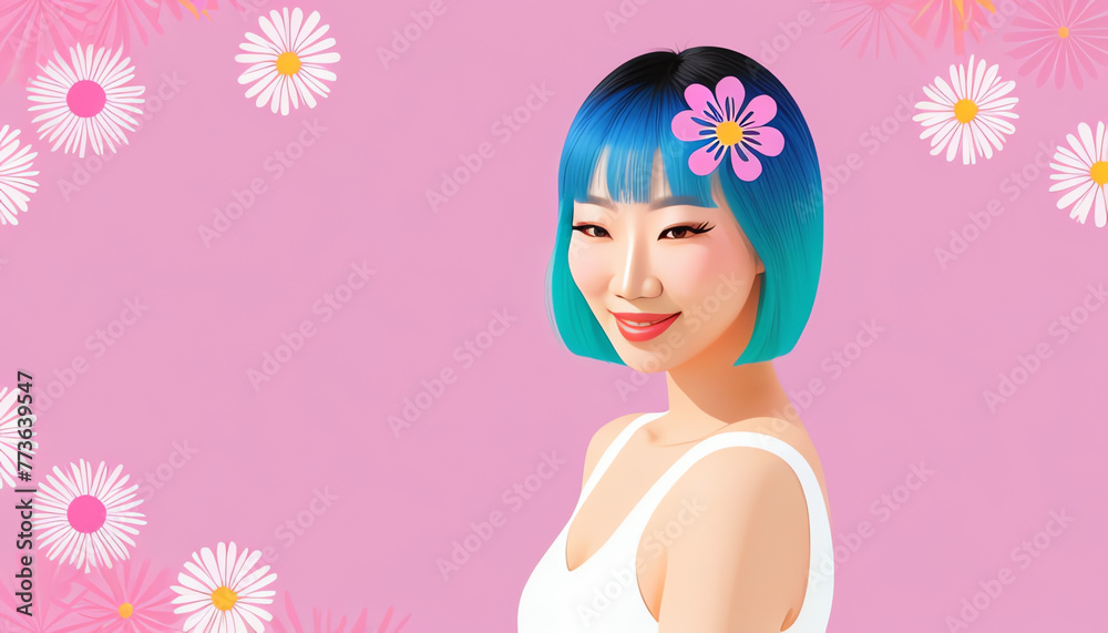 Asian Portrait of a beautiful girl with flowers pastel, Anime, manga drawing of cute girl. Cartoon digital artwork of a pretty attractive lady. Glamour and attractive. Girl is happy.