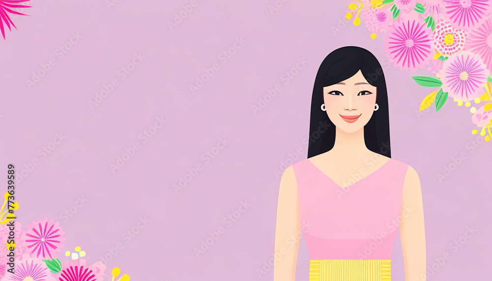 Beautiful avatar Asian girl. Happy eastern student. The young woman smiles with a pastel color background. Vector flat illustration Beautiful avatar Asian girl. Happy eastern student. The young woman smiles with a pastel color background. Vector flat illustration