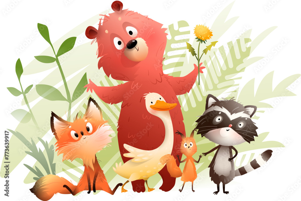 Fototapeta premium Children forest friends bear fox raccoon squirrel and duck, play together in nature. Animals characters for kids in forest. Vector hand drawn fantasy illustration for children in watercolor style.