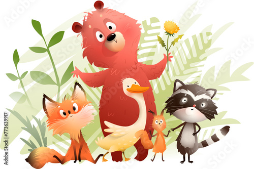 Children forest friends bear fox raccoon squirrel and duck, play together in nature. Animals characters for kids in forest. Vector hand drawn fantasy illustration for children in watercolor style.
