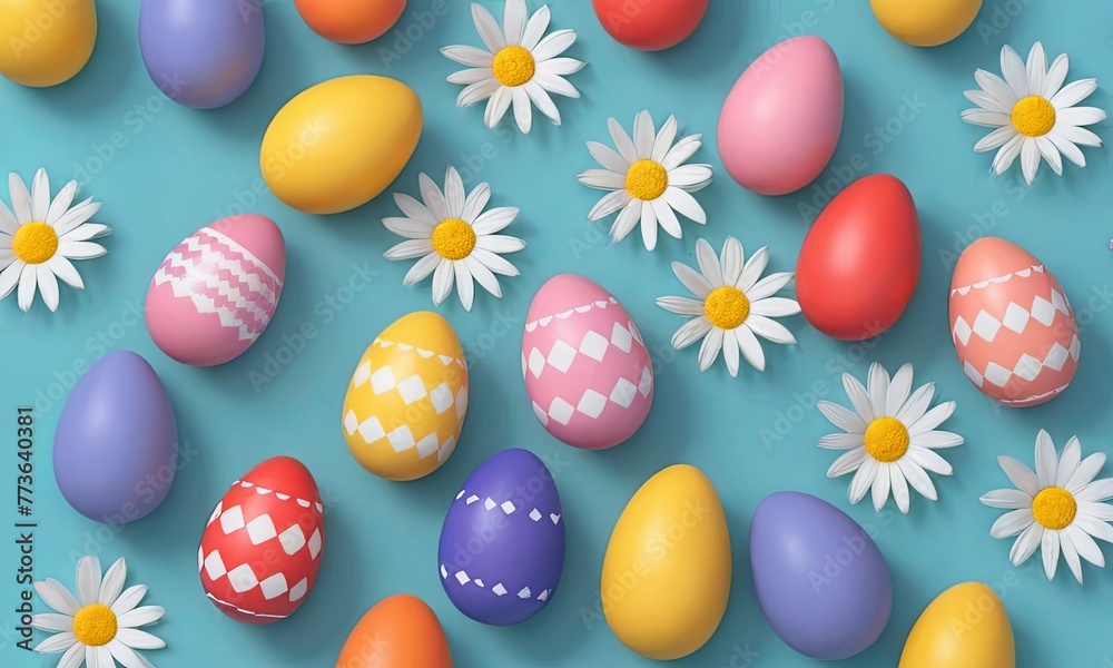 3D Easter card with colored eggs on a background surrounded by flowers.